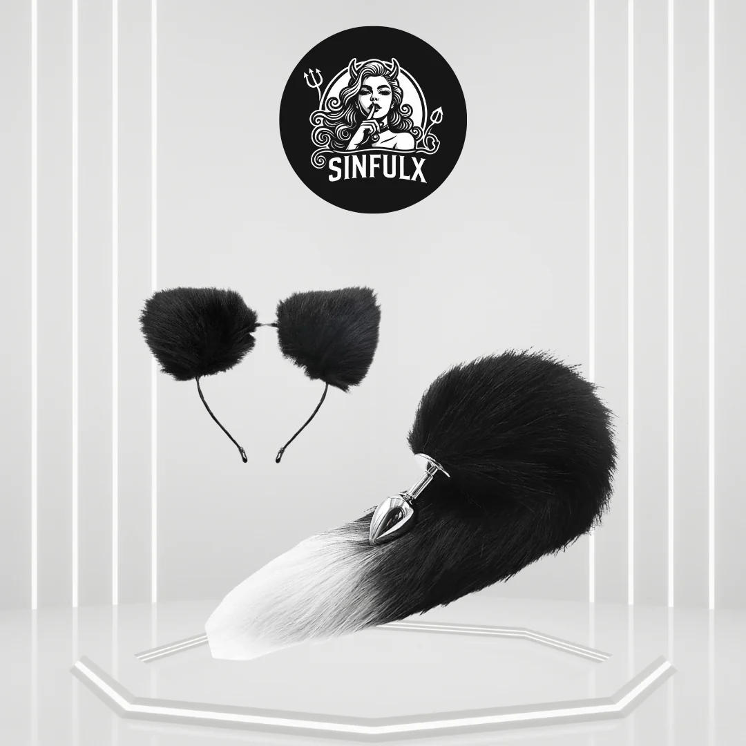 FrostTip Black White Fox Tail Steel Butt Plug 13"