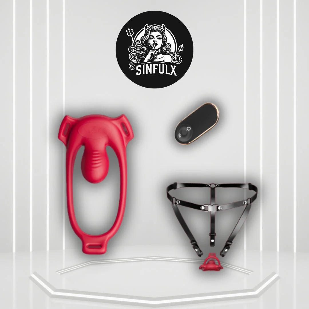 CrimsonControl Red Cock Ring Clit Vibrator Remote Harness